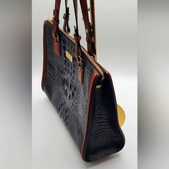 BRAHMIN Black Croc Embossed Crox Leather Shopper's Tote Cognac Leather Strap - Picture 4 of 15